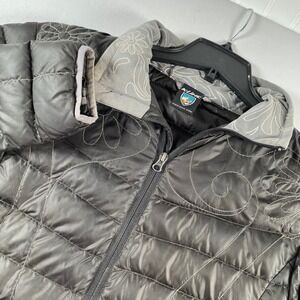 Kuhl Spyfire Down Jacket Large Gray Floral Embroidered Puffer Coat 800-Fill